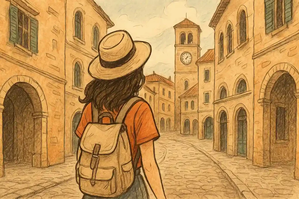A woman explores an old historical city.