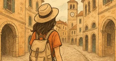 A woman explores an old historical city.