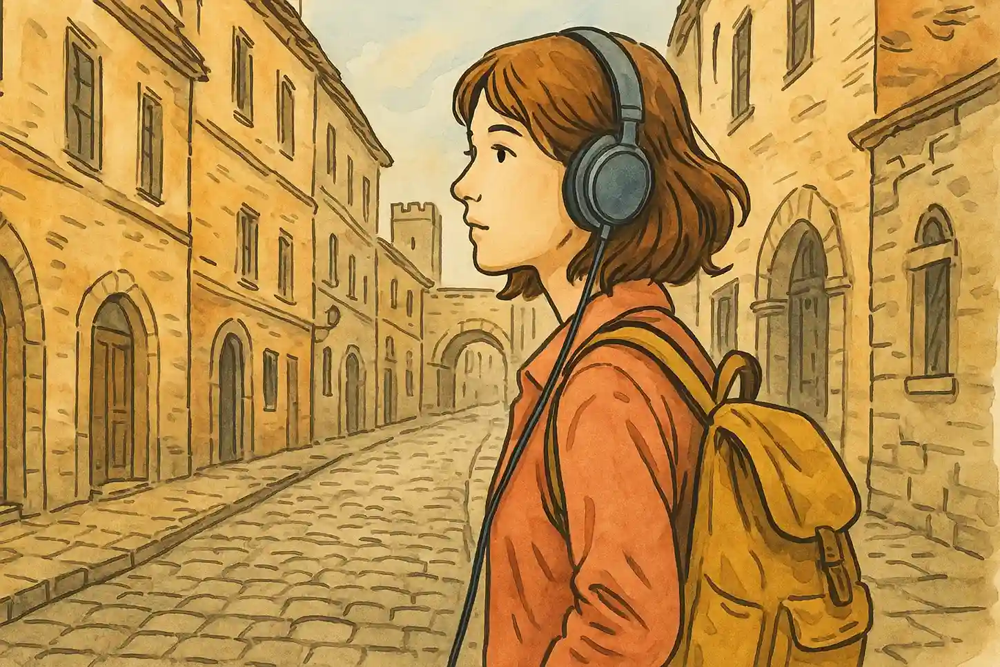 A woman in headphones wanders around on old streets of a city.