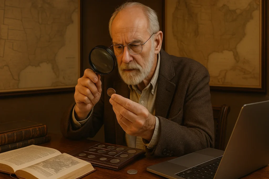 An elderly numismatist intensely examines a historic half cent under magnification, surrounded by antique maps, albums, and reference materials.