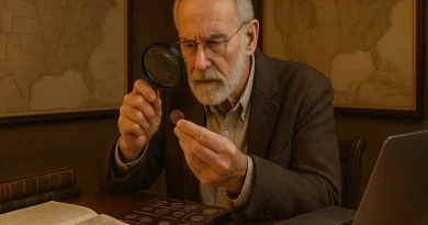 An elderly numismatist intensely examines a historic half cent under magnification, surrounded by antique maps, albums, and reference materials.