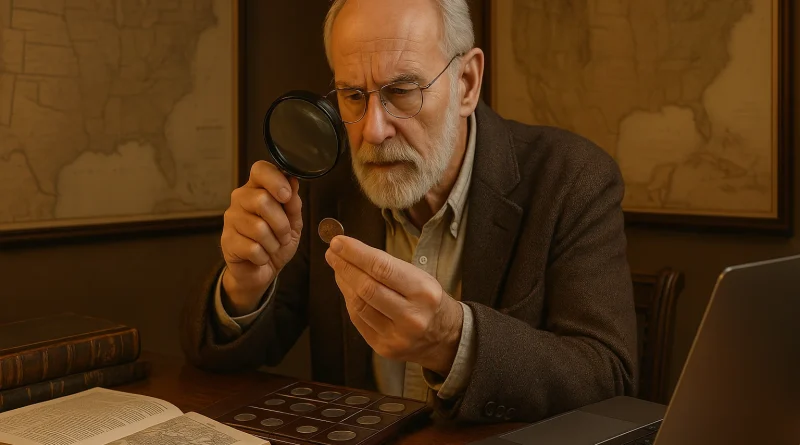An elderly numismatist intensely examines a historic half cent under magnification, surrounded by antique maps, albums, and reference materials.