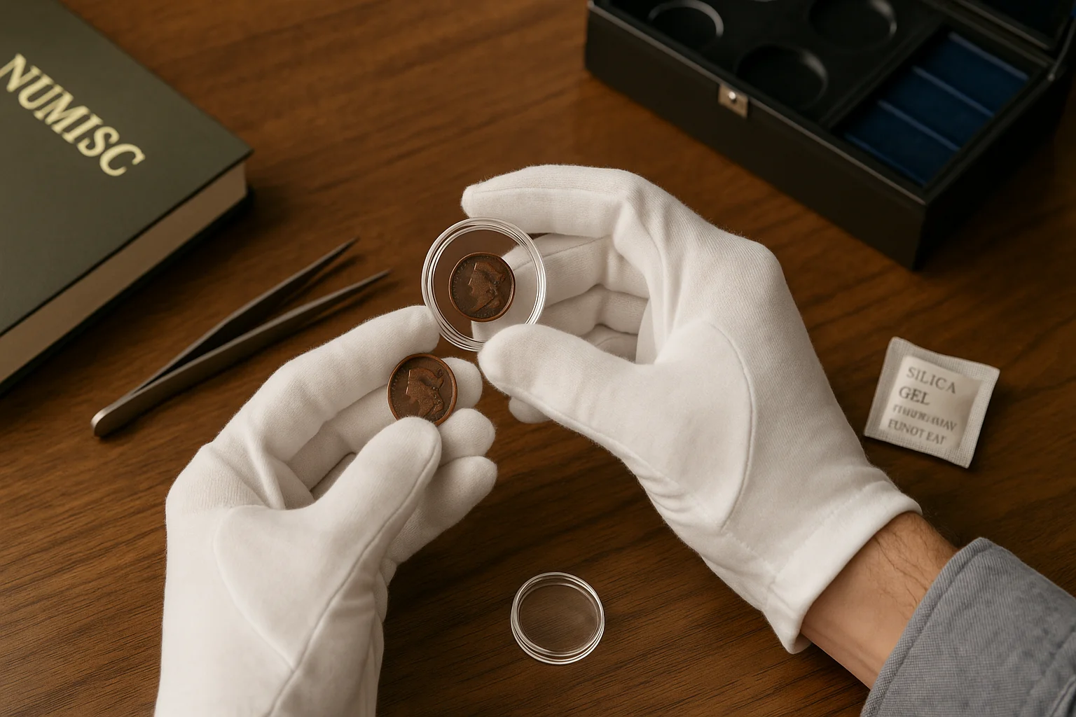 A collector wearing white gloves carefully places copper coins in protective capsules, surrounded by tools and materials for safe numismatic storage.