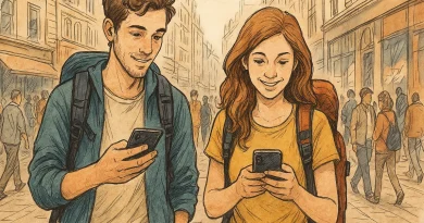 Two friends walk through the bustling city during the journey and holding their smartphones.