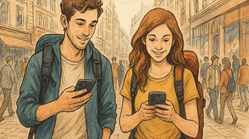 Two friends walk through the bustling city during the journey and holding their smartphones.