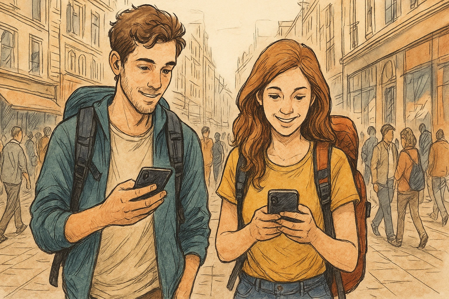 Two friends walk through the bustling city during the journey and holding their smartphones.
