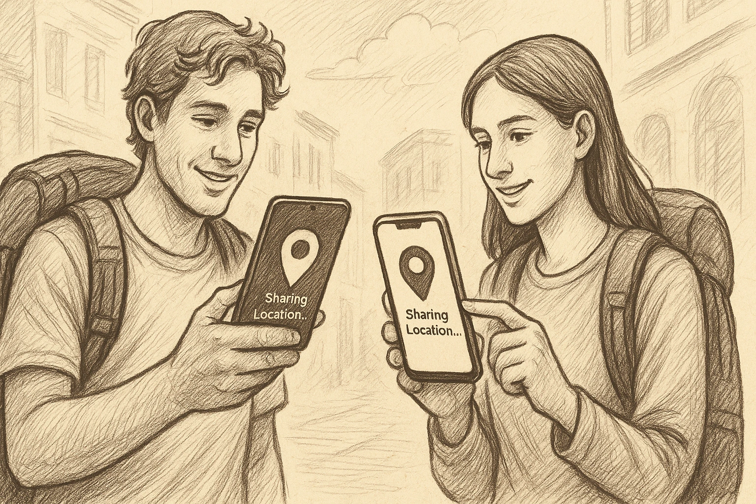 Twp travelers with backpacks are sharing locations with each other.