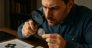 A dedicated numismatist examines a Kennedy half dollar under angled light to evaluate strike quality and condition before determining its market range.