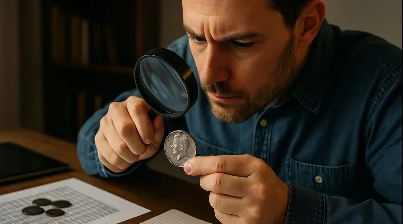 A dedicated numismatist examines a Kennedy half dollar under angled light to evaluate strike quality and condition before determining its market range.