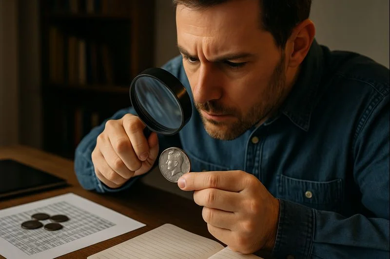 A dedicated numismatist examines a Kennedy half dollar under angled light to evaluate strike quality and condition before determining its market range.